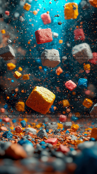 Dynamic scattering of vibrant colored cubes and various fragments amidst a glowing blue gradient, an abstract artwork for modern digital display. Стоковое AI-изображение, AI-художник Данила Большаков / Фотобанк Лори