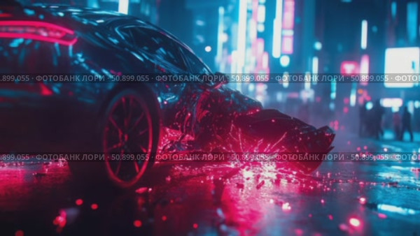 Dynamic scene of a futuristic sport vehicle dramatically fracturing with glowing red energy in a neon-lit urban realm. Стоковое AI-видео, аниматор Данила Большаков / Фотобанк Лори