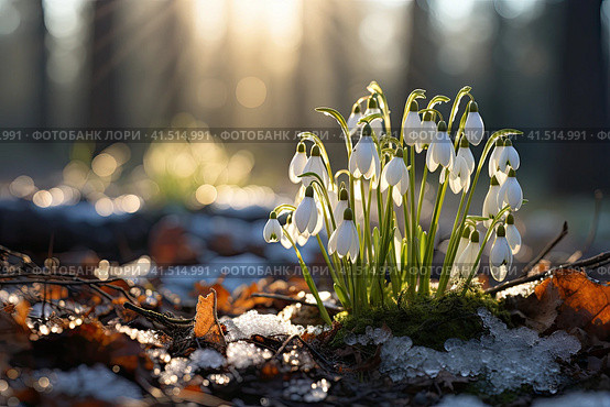 Early spring concept. Flowers snowdrops in garden, sunlight. First beautiful snowdrops in spring. Common snowdrop blooming. Galanthus nivalis bloom in spring forest. Snowdrops close up. Стоковое AI-изображение, AI-художник Ирина Михайличенко / Фотобанк Лори