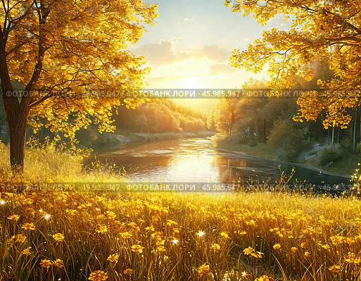Early summer morning, sunrise. Forest landscape. Стоковое AI-изображение, AI-художник Сергей Елизарьев / Фотобанк Лори
