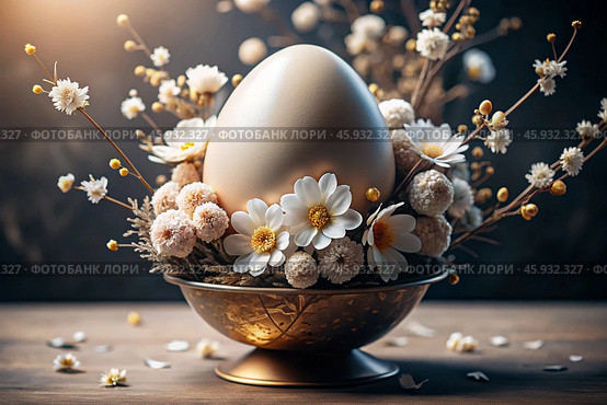 Easter banner. The concept of a bright Easter holiday. An unusual delicate Easter egg with delicate white flowers. Стоковое AI-изображение, AI-художник Photojuli / Фотобанк Лори