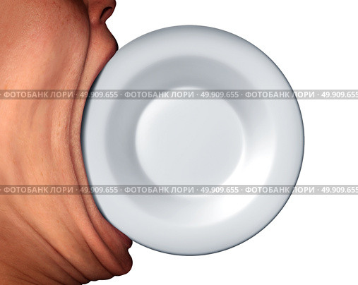 Eating issues and food disorder as anorexia or bulimia concept as a stretched mouth biting into an empty plate as a diet and nutrition symbol or extreme eater icon with 3D illustration elements. Стоковое фото, агентство Ingram Publishing / Фотобанк Лори