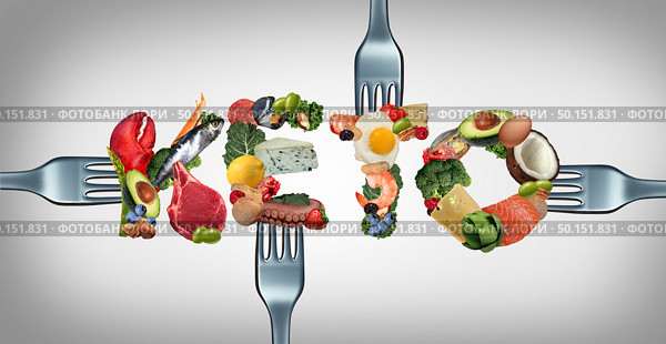 Eating Keto ketogenic food as text for a low carb diet and high fat dieting lifestyle as fish nuts eggs meat avocados as a therapeutic meal with 3D illustration elements. Стоковое фото, агентство Ingram Publishing / Фотобанк Лори