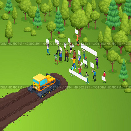 Eco Forest Meeting Composition. Green activist forest protection isometric composition with group of people holding placards in front of caterpillar tractor vector illustration. Стоковая иллюстрация, агентство Ingram Publishing / Фотобанк Лори