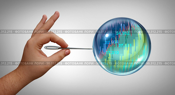 Economic bubble burst and Stock market speculation concept and overvalued economy as a financial crisis and inflated prices as a finance risk to investors and speculative valuation with 3D render elements. Стоковое фото, агентство Ingram Publishing / Фотобанк Лори