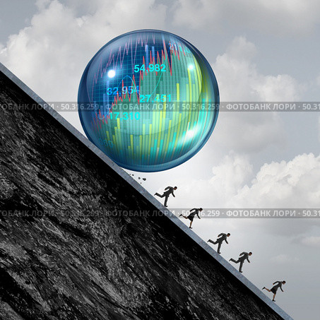 Economic bubble stress and financial burst or as a Stock market business speculation with business people short sellers concept running away from an overvalued inflated economy with 3D render elements. Стоковое фото, агентство Ingram Publishing / Фотобанк Лори