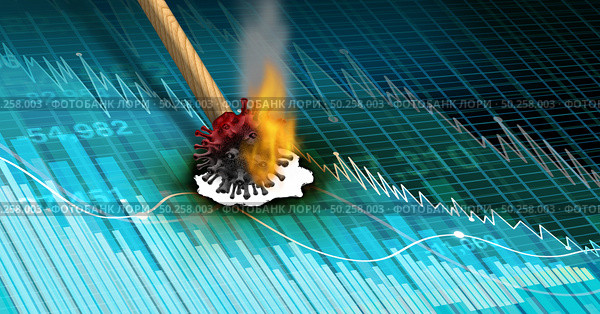 Economy and disease as an economic pandemic fear and coronavirus fears or virus Outbreak and Stock market selling as a sick financial health and business recession concept with 3D illustration elements. Стоковое фото, агентство Ingram Publishing / Фотобанк Лори