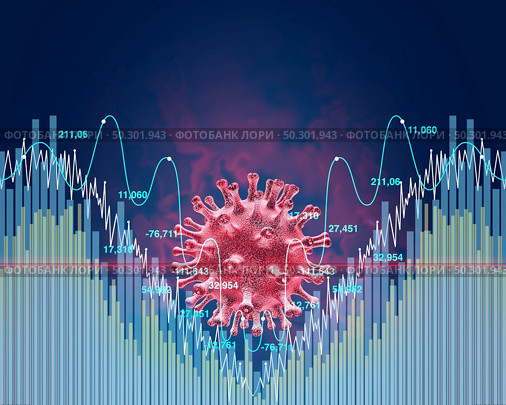 Economy and disease as an economic pandemic fear and coronavirus fears or virus Outbreak and Stock market selling as a V-shaped sick financial health business recession with 3D illustration elements. Стоковое фото, агентство Ingram Publishing / Фотобанк Лори