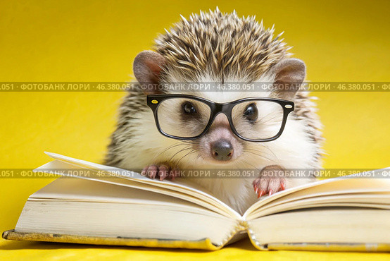 Education and reading. A funny little spiky hedgehog with glasses reads a book on a yellow background. Стоковое AI-изображение, AI-художник Photojuli / Фотобанк Лори
