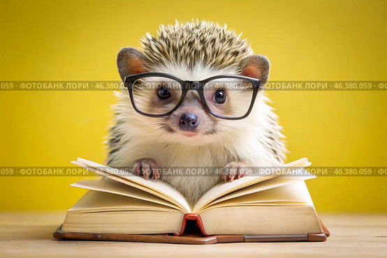 Education and reading. A funny little spiky hedgehog with glasses reads a book on a yellow background. Стоковое AI-изображение, AI-художник Photojuli / Фотобанк Лори