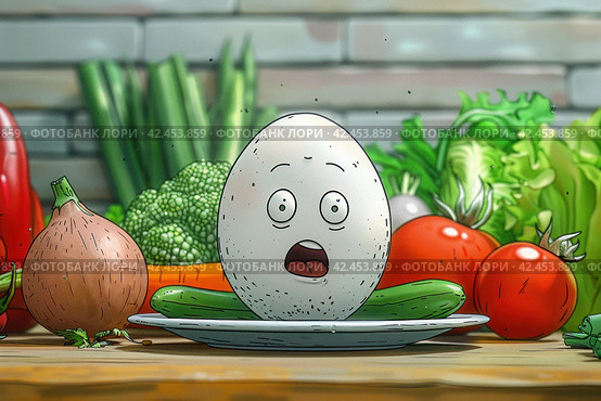 Egg at Dinner with Vegetables: Caricature Dinner Moment. Стоковое AI-изображение, AI-художник Юрий Поздников / Фотобанк Лори