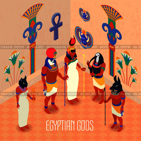 Egyptian ancient gods and goddesses in colorful masks isometric 3d vector illustration. Isometric Egypt Illustration. Стоковая иллюстрация, агентство Ingram Publishing / Фотобанк Лори