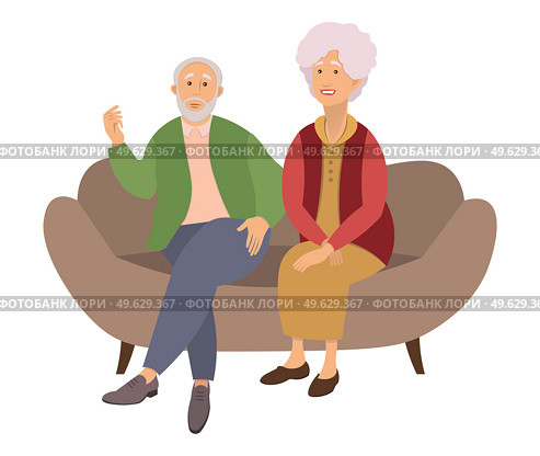 Elderly couple sitting on the sofa at home isolated on white background. Retired elderly couple. Grandparents family, grandmother and grandfather happy friends sitting on the couch communicating. Elderly couple sitting on the sofa at home isolated on white background. Retired elderly couple. Стоковая иллюстрация, агентство Ingram Publishing / Фотобанк Лори