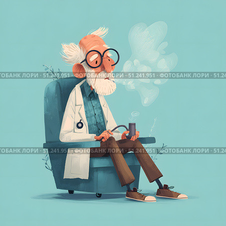 Elderly doctor smoking pipe while seated in chair, cartoon style on blue background. Стоковое AI-изображение, AI-художник Александра Рублева / Фотобанк Лори