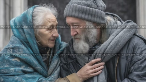 Elderly homeless couple sharing warmth and affection. Стоковое AI-видео, аниматор Юрий Поздников / Фотобанк Лори