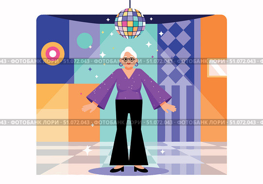 Elderly woman in disco outfit enjoying retro room with disco ball. Cheerful elderly woman showcases style in vibrant disco attire with flared pants and sparkling top, Стоковое AI-изображение, AI-художник Ольга Березина / Фотобанк Лори