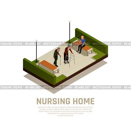 Elders with disabilities nursing home outdoor activities isometric composition with using cane crutches walker people vector illustration. Стоковая иллюстрация, агентство Ingram Publishing / Фотобанк Лори