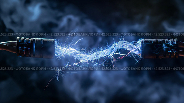 Electric Arc Between Two Cables. Стоковое AI-изображение, AI-художник Кирилл Черезов / Фотобанк Лори