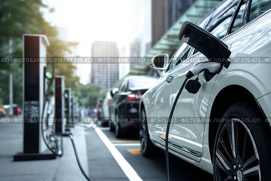 Electric cars charging at urban station with city skyline in background. Электромобили заряжаются на городской станции, на заднем плане - городской пейзаж. Стоковое AI-изображение, AI-художник Katsiaryna Repich / Фотобанк Лори