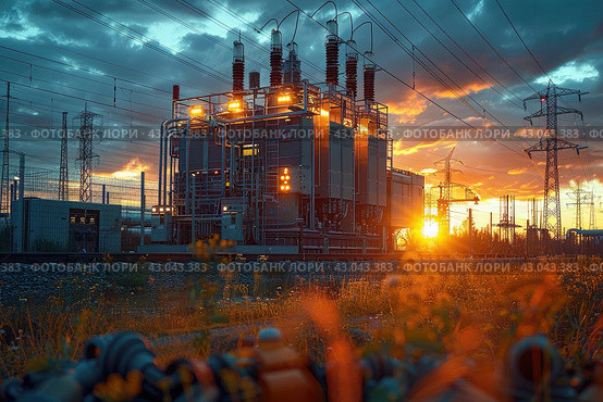 Electric power transmission lines. High voltage switchgear and equipment in front of power plant. Стоковое AI-изображение, AI-художник Ирина Михайличенко / Фотобанк Лори