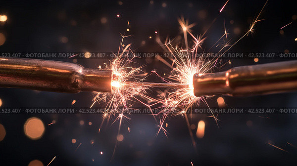 Electric Sparks Between Two Cables. Стоковое AI-изображение, AI-художник Кирилл Черезов / Фотобанк Лори