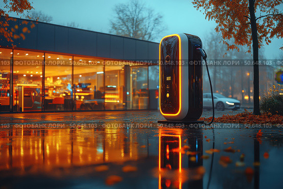 Electric Vehicle and Bus Charging Points. Shot of modern electric power charging station for EV, PHEV and HEV near store. Charging Station Electric Car Charging Station. Стоковое AI-изображение, AI-художник Ирина Михайличенко / Фотобанк Лори