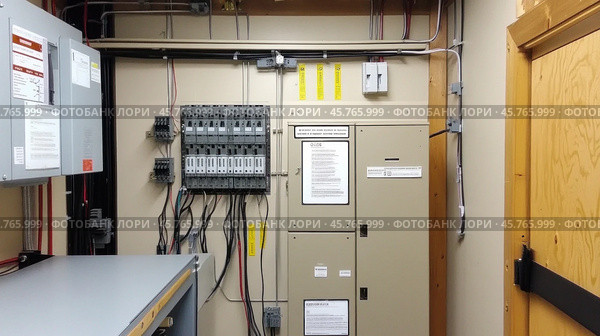 Electrical panel, circuit breakers, and wiring in building control room. Стоковое AI-изображение, AI-художник Юрий Поздников / Фотобанк Лори