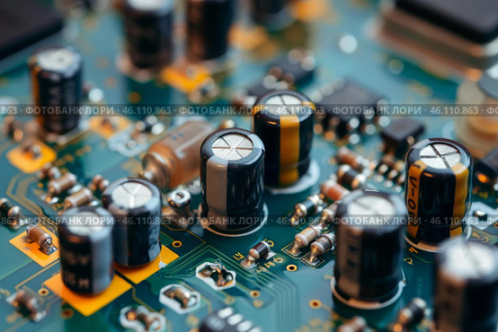 Electrolytic capacitors and resistors populating surface of printed circuit board. Стоковое AI-изображение, AI-художник Иван Рябоконь / Фотобанк Лори