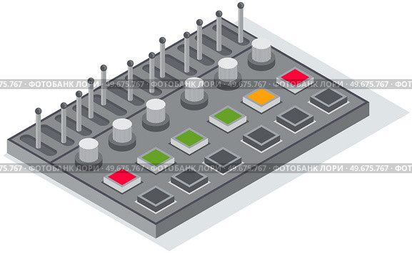 Electronic device, mixer designed to work with signals. Equipment for musician, sound specialist. Volume console to create music. Element of sound control. Audio controller vector illustration. Electronic device, mixer volume console to work with audio. Equipment for musician, sound specialist. Стоковая иллюстрация, агентство Ingram Publishing / Фотобанк Лори