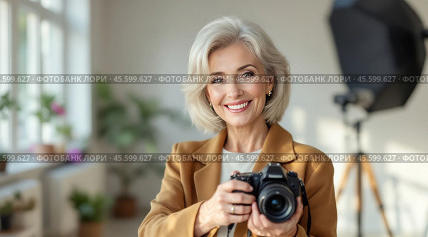Elegant aged woman photographer. Стоковое AI-изображение, AI-художник Boris Vasilenko / Фотобанк Лори