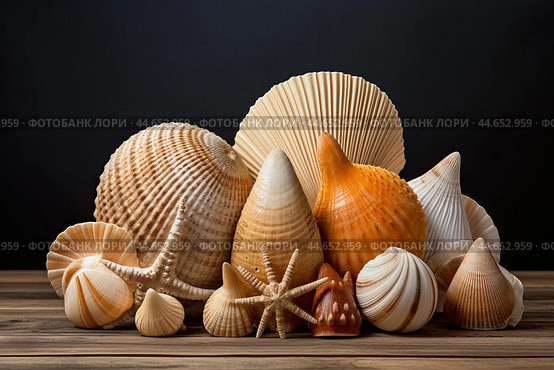 Elegant array of seashells on wooden surface. Стоковое AI-изображение, AI-художник Иван Рябоконь / Фотобанк Лори