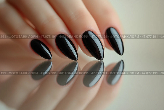 Elegant black manicured hand showcasing glossy pointed nails. Элегантная рука с черным маникюром и блестящими заостренными ногтями. Стоковое AI-изображение, AI-художник Katsiaryna Repich / Фотобанк Лори