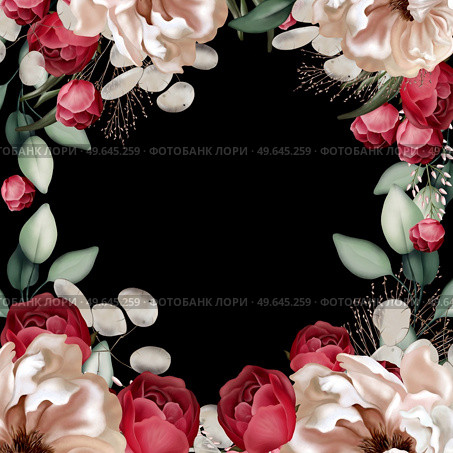 Elegant card with peonies, roses and eucalyptus leaves. Illustration. Elegant card with peonies, roses and eucalyptus leaves. Стоковое фото, агентство Ingram Publishing / Фотобанк Лори