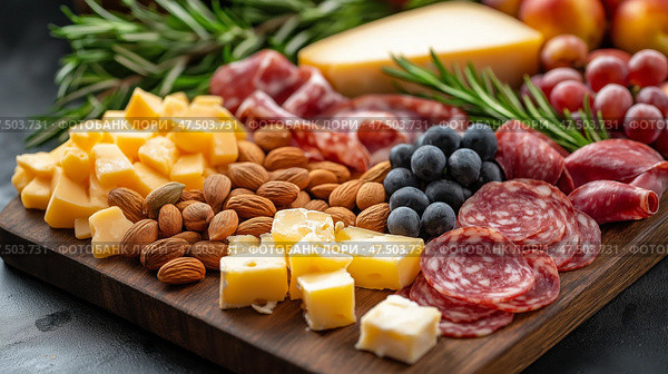 Elegant charcuterie board featuring assorted cheeses, meats, fruits, and nuts. Элегантная доска для закусок с ассортиментом сыров, мяса, фруктов и орехов. Стоковое AI-изображение, AI-художник Katsiaryna Repich / Фотобанк Лори