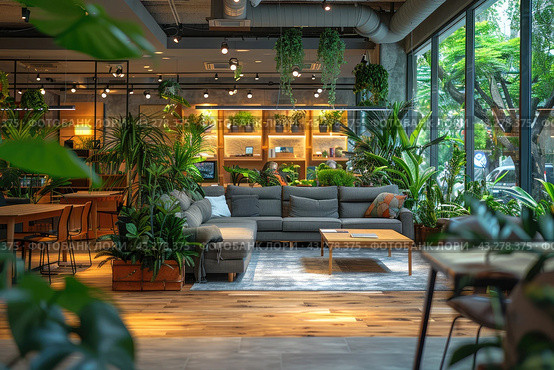 Elegant coworking office featuring a bright airy environment with green plants and partitioned spaces. Стоковое AI-изображение, AI-художник Ирина Михайличенко / Фотобанк Лори