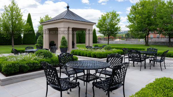 Elegant gazebo overlooking landscaped garden with patio furniture. Стоковое AI-изображение, AI-художник Юрий Поздников / Фотобанк Лори