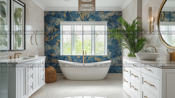 Elegant modern bathroom interior with a white bathtub and luxurious vanity. Стоковое AI-изображение, AI-художник Михаил Коханчиков / Фотобанк Лори