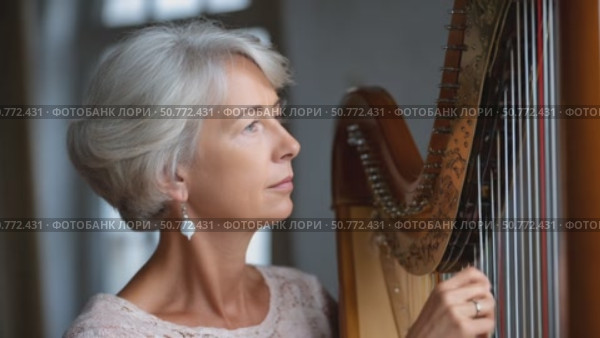 Elegant musician playing harp, six moments of musical grace. Стоковое AI-видео, аниматор Юрий Поздников / Фотобанк Лори