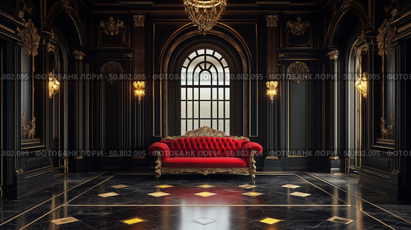 Elegant opulent interior with red velvet furniture in a luxurious black and gold room. Стоковое AI-изображение, AI-художник Михаил Коханчиков / Фотобанк Лори