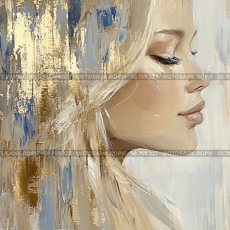 Elegant portrait of a woman with golden hues emphasizing beauty and grace in a serene artistic expression Generative AI. Стоковое AI-изображение, AI-художник Елена Зубкова / Фотобанк Лори