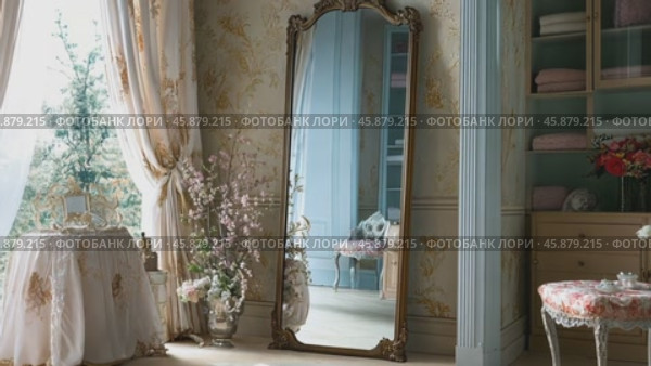 Elegant room interior design with large mirror and spring flowers. Стоковое AI-видео, аниматор Юрий Поздников / Фотобанк Лори