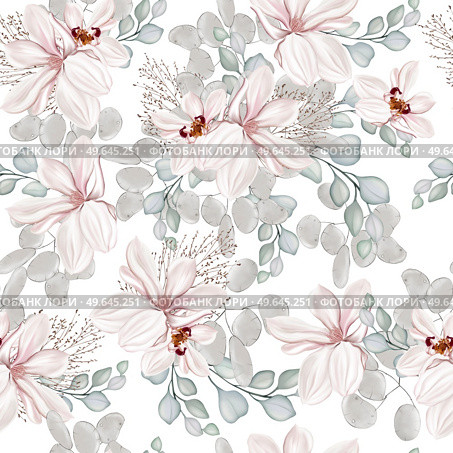 Elegant seamless pattern with peonies, roses and eucalyptus leaves. Illustration. Elegant seamless pattern with peonies, roses and eucalyptus leaves. . Стоковое фото, агентство Ingram Publishing / Фотобанк Лори