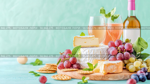 Elegant wine and cheese arrangement for a refined tasting experience, suitable for print, card, poster. Стоковое AI-изображение, AI-художник Данила Большаков / Фотобанк Лори