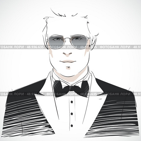 Elegant young businessman portrait wearing black tuxedo suit with bow-tie and glasses isolated vector illustration. Стоковая иллюстрация, агентство Ingram Publishing / Фотобанк Лори