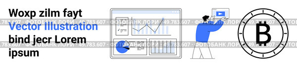 Elements include a person presenting data, chart dashboards, and Bitcoin symbol. Ideal for finance, technology, cryptocurrency, data analytics, presentations, digital marketing, dashboards. Landing. Data Analytics and Cryptocurrency Management Concept Illustration with Chart Dashboards. Стоковая иллюстрация, агентство Ingram Publishing / Фотобанк Лори
