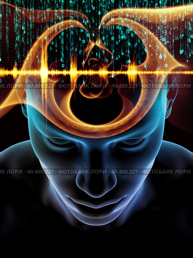 Elements of Mind series. 3D illustration of human head and symbols of technology on the subject of  science, education and powers of the mind. Стоковое фото, агентство Ingram Publishing / Фотобанк Лори