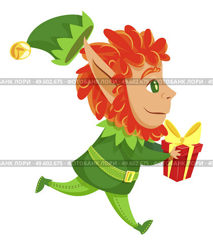 Elf cartoon character running with gift decorated by ribbon. Fairy helper carrying present on winter holiday. Christmas gnome with big ears in green costume. New Year hero with greeting symbol vector. Fairy Elf Character Running with Gift Box Vector. Стоковая иллюстрация, агентство Ingram Publishing / Фотобанк Лори