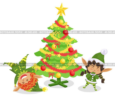 Elves funny cartoon characters tumbling near Christmas tree decorated by toys. Winter holiday card with gnome hero in traditional costume near fir-tree. Postcard with spruce and Xmas assistant vector. Christmas Card with Fir-tree and Elves Vector. Стоковая иллюстрация, агентство Ingram Publishing / Фотобанк Лори