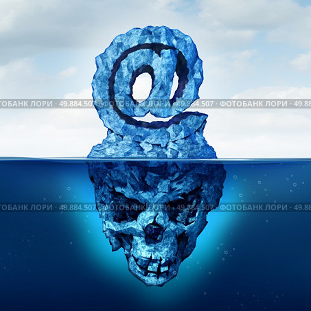 Email risk and internet communication danger as an iceberg shaped as an ampersand  e-mail symbol with a skull shape hidden under the water as a metaphor for deceptive web attack. Стоковое фото, агентство Ingram Publishing / Фотобанк Лори