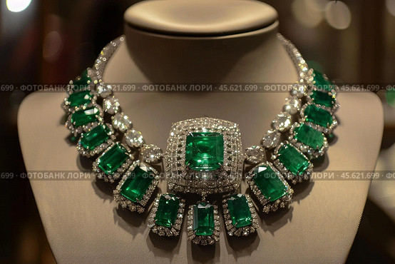 Emerald and diamond necklace sparkling on display mannequin. Стоковое AI-изображение, AI-художник Иван Рябоконь / Фотобанк Лори